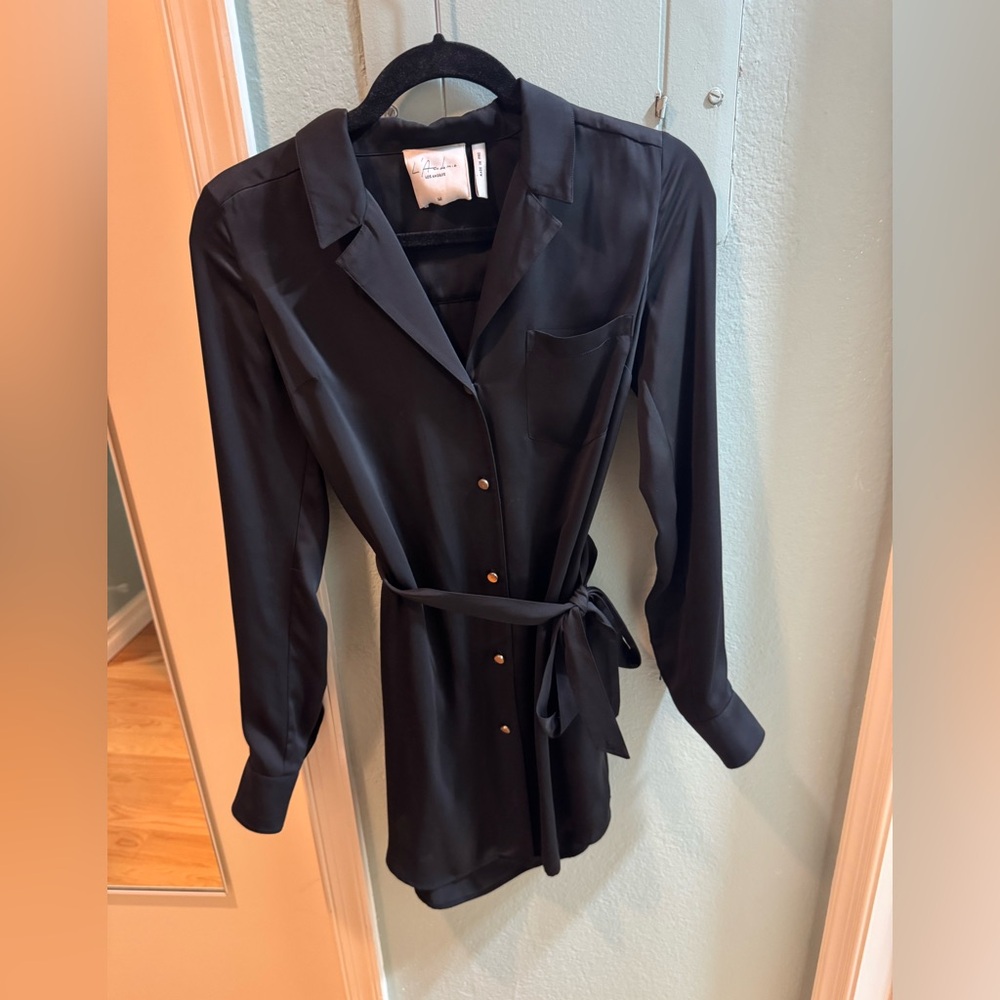 L'Academie Black Silk Button-Down Shirtdress